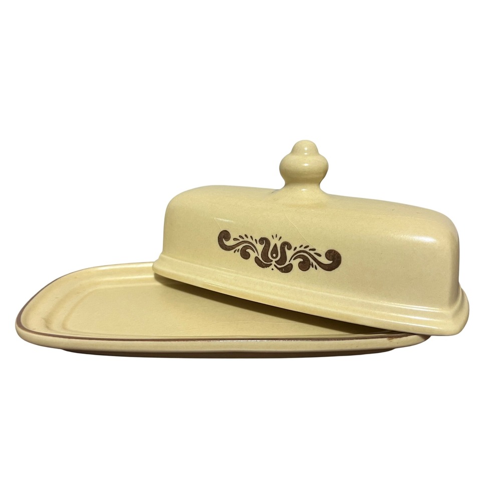 Pfaltzgraff Village Stoneware Covered Butter Dish 6-28 Tan Brown Scroll Vintage